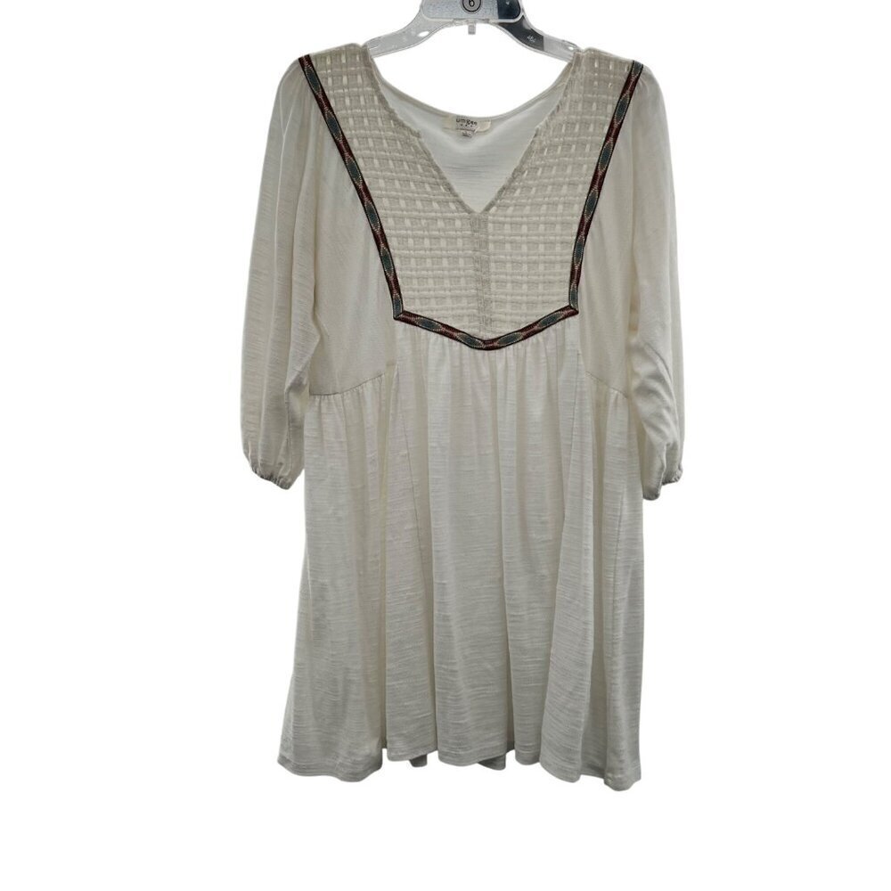 Umgee Women's Sheer Tunic Top 3/4 Sleeve Off White/Multi Size Large
